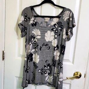 Brittany Black Black & White Floral Stripes Slinky Fitted Jersey Top M